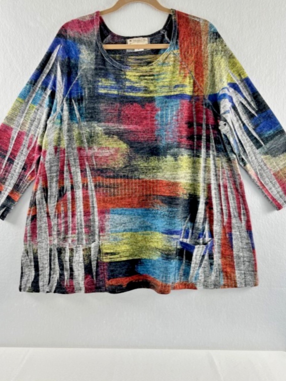 Impulse California Artsy Brushstroke Knit Tunic Top Pockets USA Made Size XL